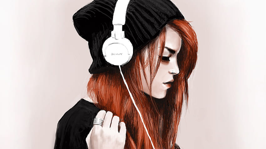 Red hair girl, headphones, listen music, art drawing U , Girl Listening to Music HD wallpaper