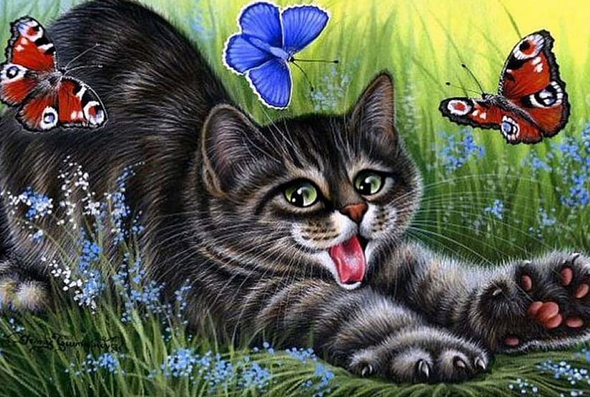 By Irina Garmashova, kitten, cat, butterfly, art HD wallpaper