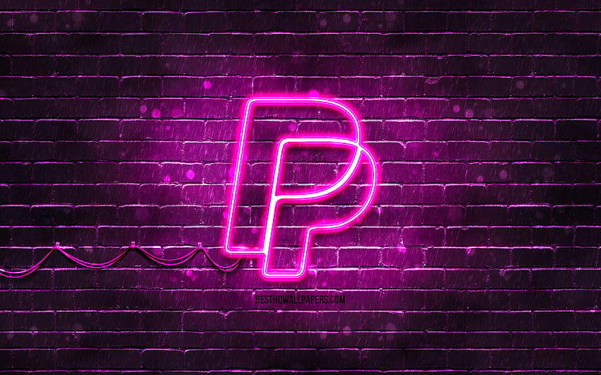 Logotipo púrpura de PayPal, pared de ladrillo púrpura, logotipo de PayPal, sistemas de pago, logotipo de neón de PayPal, PayPal fondo de pantalla