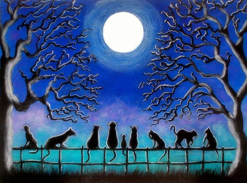 Nine Tails in Blue, azul, caudas, gatos, cores, pinturas, amor quatro estações, halloween, animais, desenhar e pintar, nove caudas, luas papel de parede HD