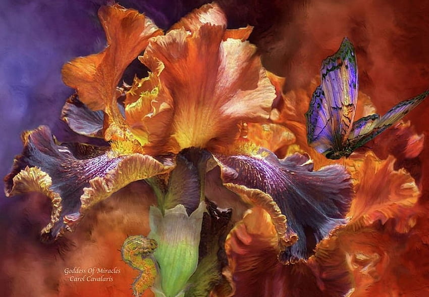 Goddess of Miracles, artwork, iris, painting, butterfly, blossoms, insect HD wallpaper