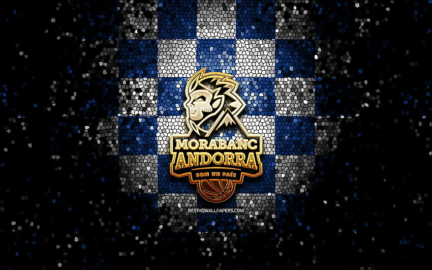 BC MoraBanc Andorra, glitter logo, ACB, blue white checkered background, spanish basketball team, MoraBanc Andorra logo, mosaic art, basketball, BC Andorra HD wallpaper