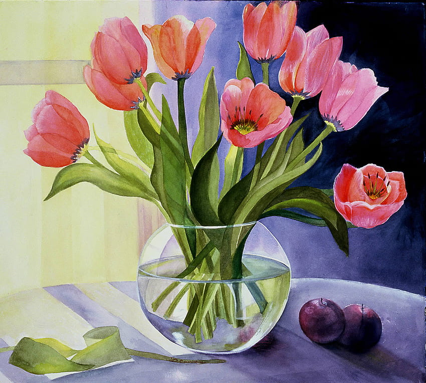 tulipanowy wazon, słoneczny, zasłony, stół, łodygi, okno, wazon, śliwki, tulipany, wiosna, liście, róże, szkło Tapeta HD