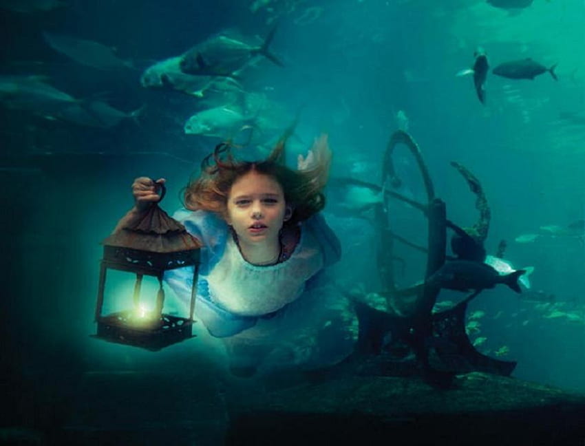 Menerangi jalan, laut, cahaya, bawah air, ikan, gadis, api, samudra, nanti Wallpaper HD