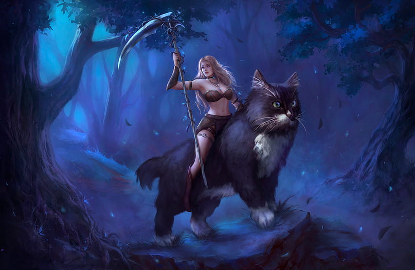 Druid Girl, art, fantasy, , cat, girl, forest, woman, blue, beautiful, digital HD wallpaper