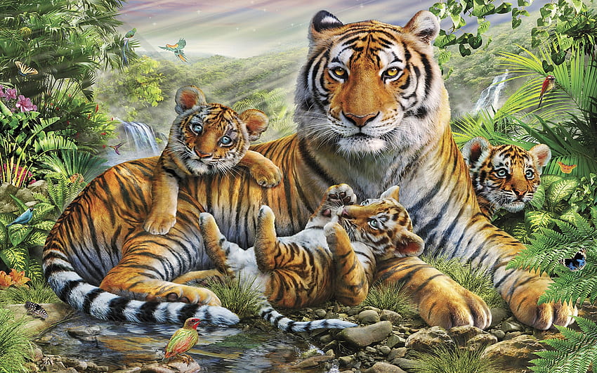 Tigers, animal, frumusete, tiger, cub, art, big cat, cute, pisici, family, painting, pictura, tigru HD wallpaper