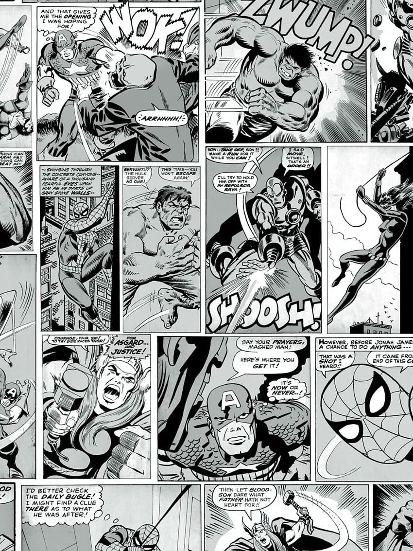 Marvel Comic Strip Black and White Muriva หนังสือการ์ตูน งานศิลปะการ์ตูนมาร์เวล การ์ตูนขาวดำ วอลล์เปเปอร์โทรศัพท์ HD