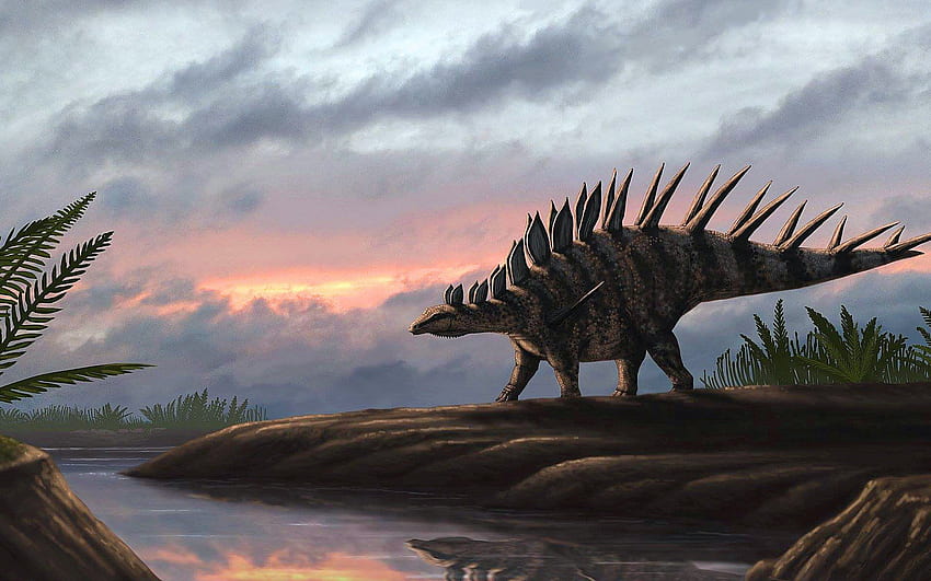 Kentrosaurus, dinosaurios, tarde, puesta de sol, dibujos de dinosaurios, dibujo de Kentrosaurus, Jurassic World fondo de pantalla