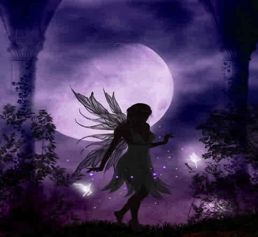 月明かりの下で、夜、妖精、紫、月、光 高画質の壁紙