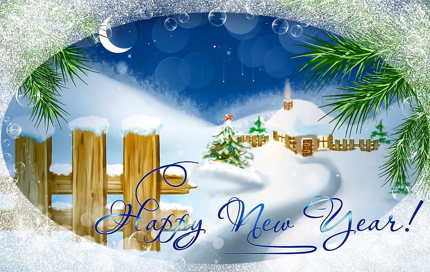 New year card, winter, wishes, peaceful, nice, snowflakes, holiday, moon, snow, fence, new year, house, landscape, beautiful, tree, mountain, cabin, happy new year, pretty, branches, sky, card, cottage, lovely HD wallpaper