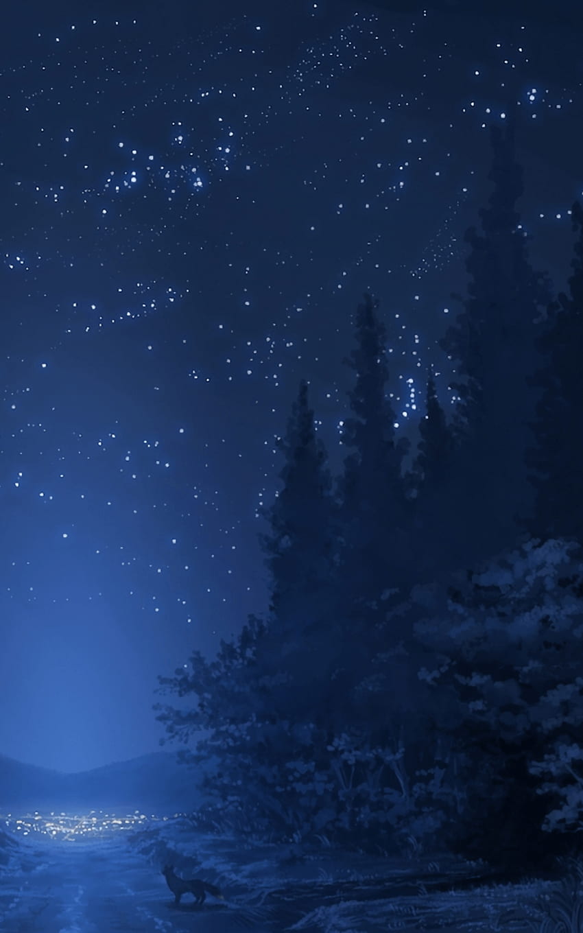 Anime-Landschaft, Wald, Nacht, Sterne, Wolf, Anime-Landschaftstelefon HD-Handy-Hintergrundbild