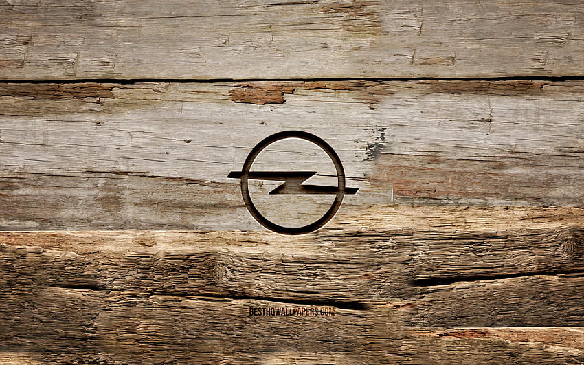 Drewniane logo Opla, drewniane tła, marki samochodów, logo Opla, kreatywne, rzeźbienie w drewnie, Opel Tapeta HD