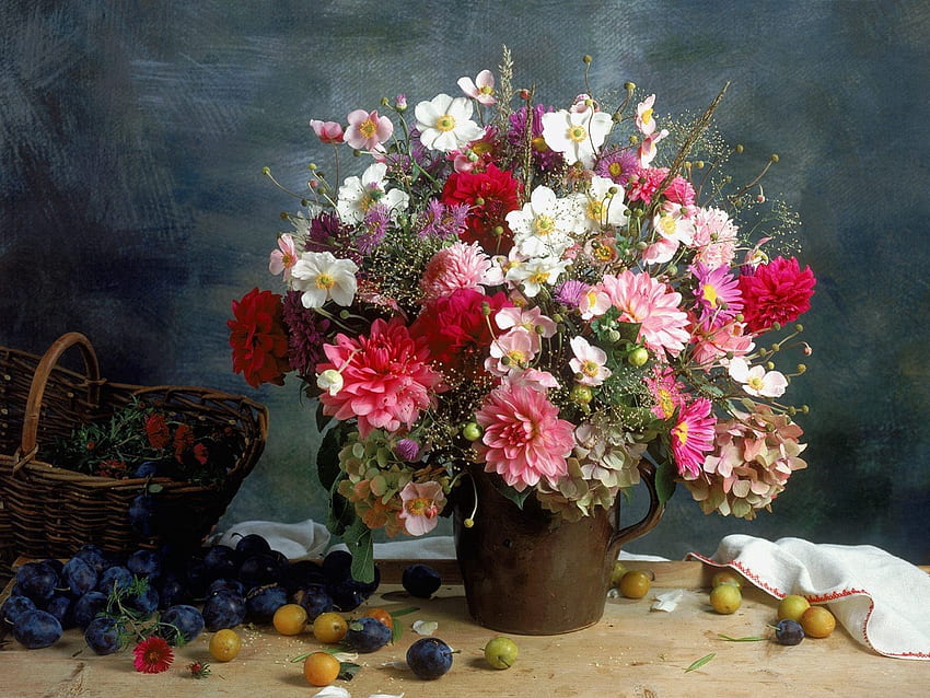 Bouquet, Flowers, Chrysanthemum, Still Life, Vase, Plums HD wallpaper