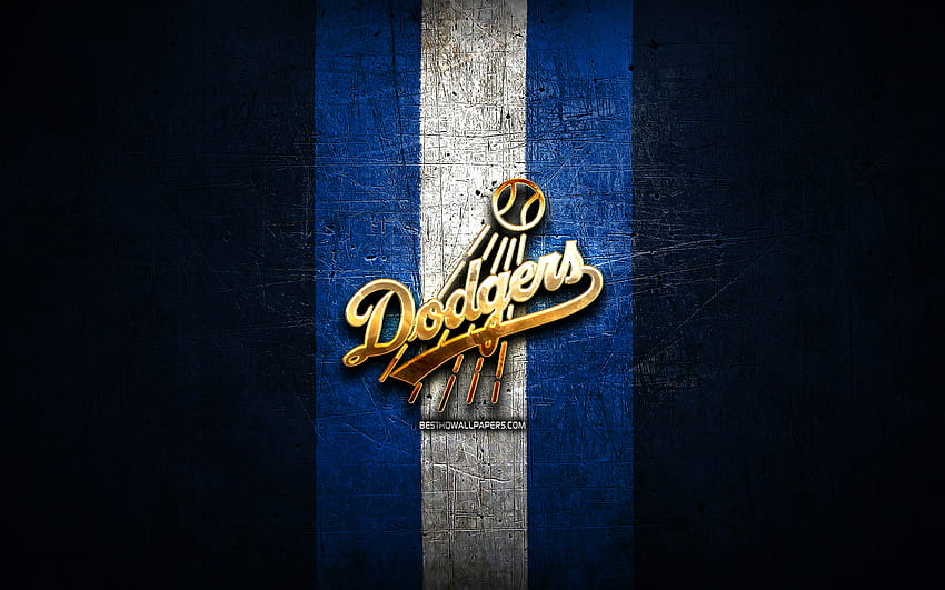 ロサンゼルス・ドジャース、金色のロゴ、MLB、青い金属の背景、アメリカの野球チーム、メジャーリーグ・ベースボール、ロサンゼルス・ドジャースのロゴ、野球、アメリカ、ロサンゼルス・ドジャースの解像度. 高品質 高画質の壁紙