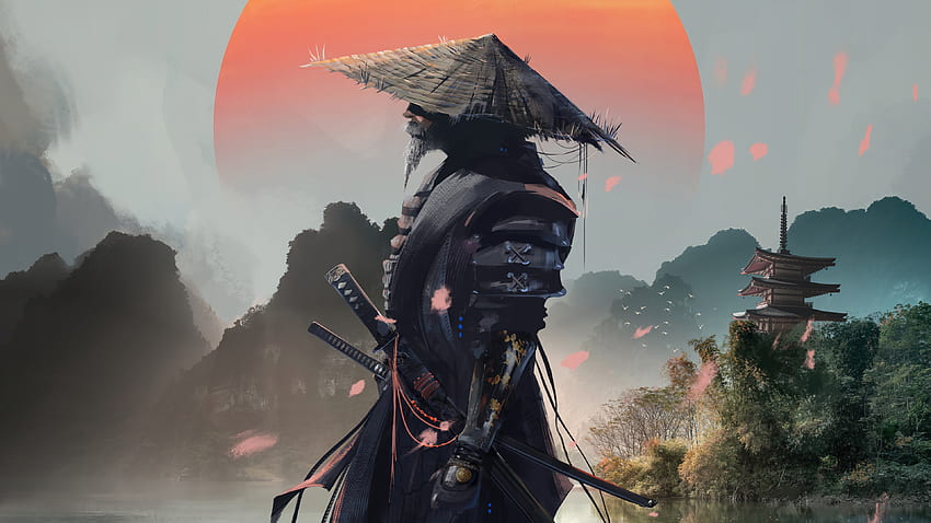 samouraï, guerrier, coucher de soleil, art fantastique, , pc, , Samurai Drawings Fond d'écran HD