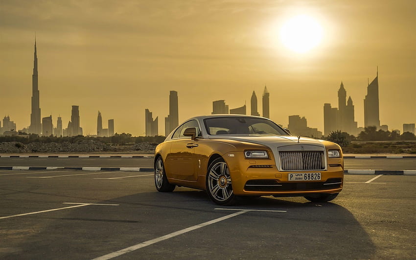 Gold Color Rolls Royce Luxury Car, Dubai, Sunset ,, Golden Car HD wallpaper