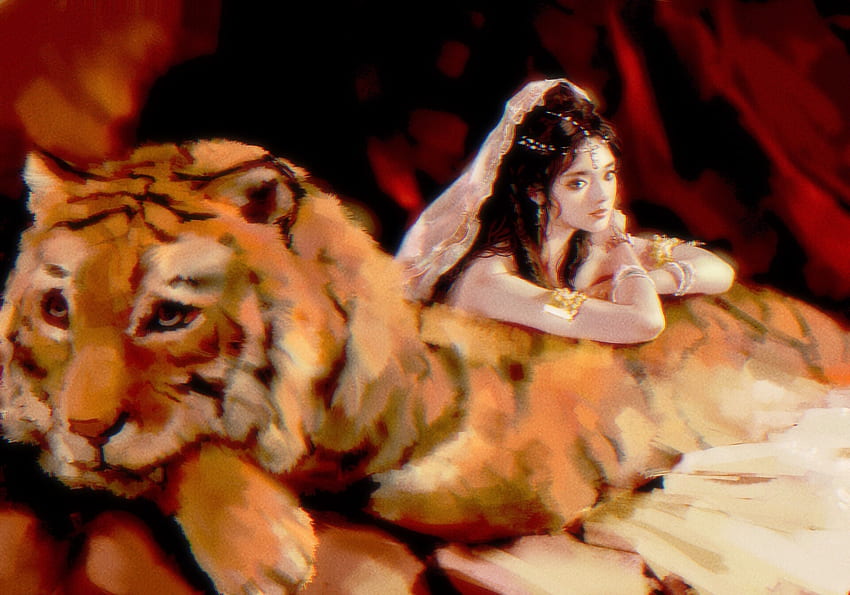 The princess and her tiger, tiger, fantasy, tigru, orange, odalisque, princess, jasmine, maggie liu, frumusete HD wallpaper