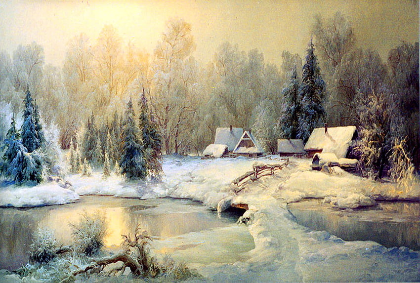 Сън, зима, студ, зора, сняг, дървета, ледена мъгла, селска къща, лед, езерце HD тапет