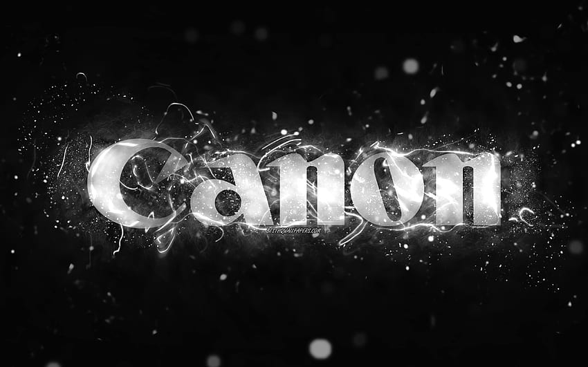 Canon white logo, , white neon lights, creative, black abstract background, Canon logo, brands, Canon HD wallpaper