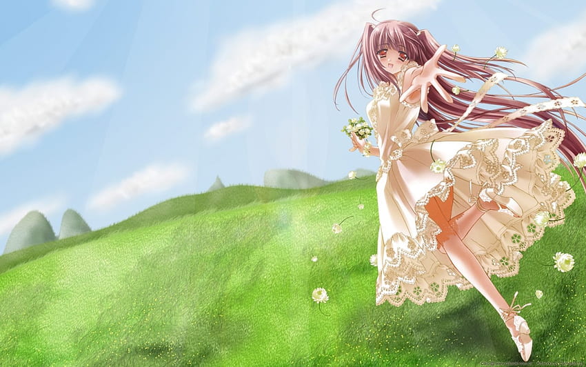 ~Beautiful Airi~, girl, grass, long hair, dress, anime, pretty, airi, quilt, clouds, flowers, sky HD wallpaper
