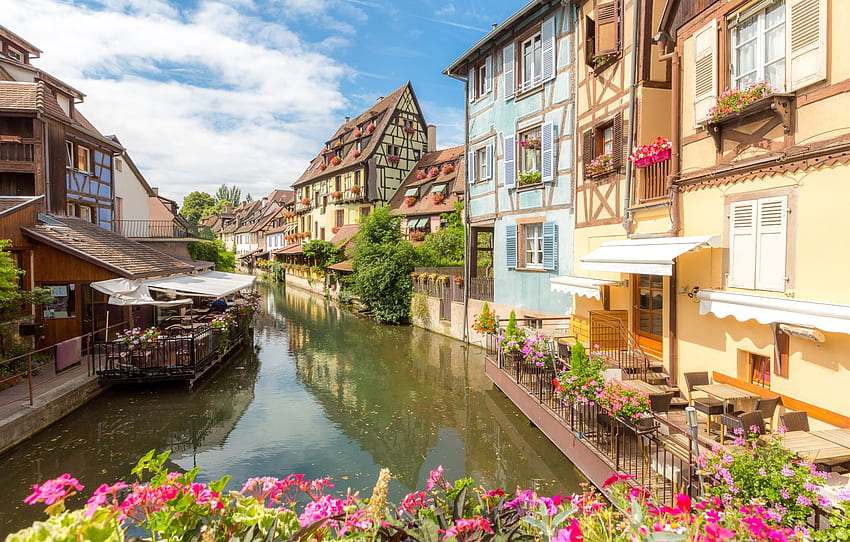 river, street, France, home, France, flowers, street, buildings, town, cityscape, canal, Colmar for , section город HD wallpaper