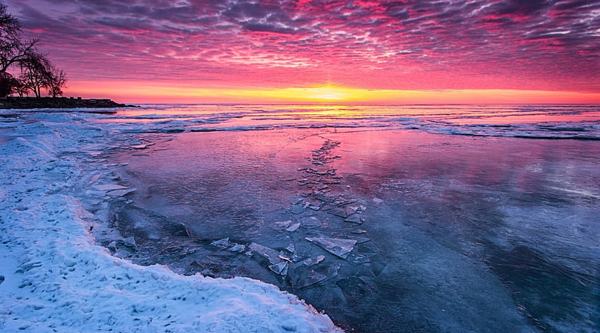 frozen beach, sea, colors, sunset, ice, beach HD wallpaper
