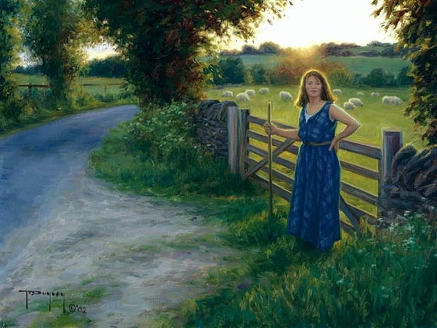Painting by Robert Duncan, robert duncan, painting, art, path, fence, nature HD wallpaper