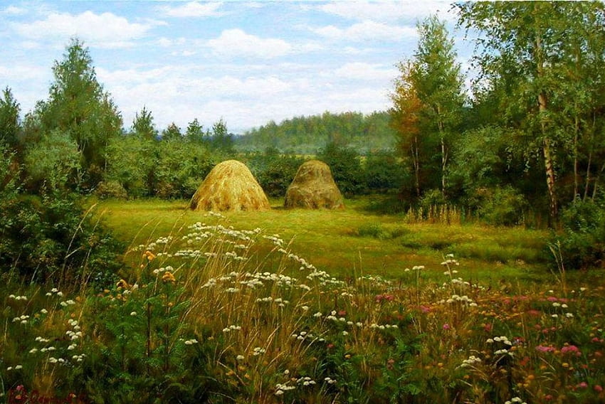 Harvest Time, artwork, painting, landscape, trees, hay, flowers, forest HD wallpaper