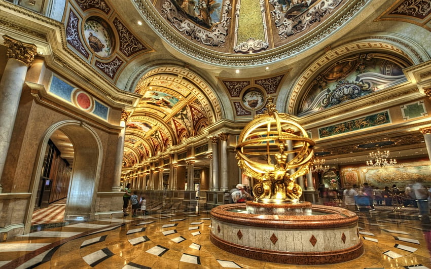fountain in the lobby of the venetian hotel r, ornate, lobby, fountain, hotel, r, gold, statue HD wallpaper