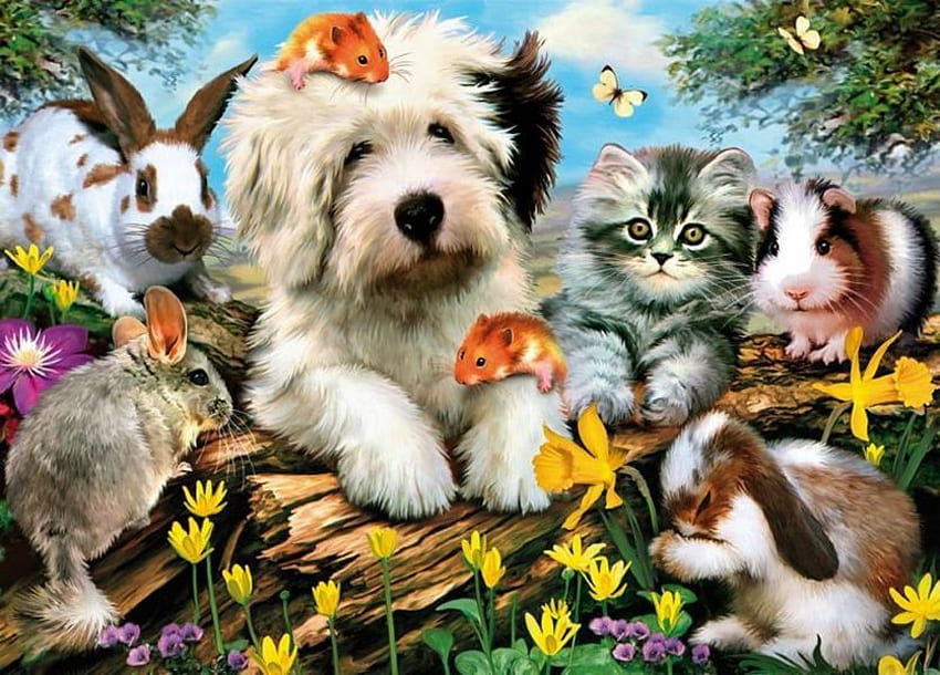 By Howard Robinson, dog, kitten, animal, art, howard robinson, cat, bunny, puppy, painting, mouse, flower HD wallpaper