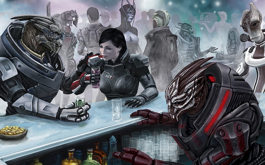 Bar im Himmel FemShep Spiel Garrus Vakarian Mass Effect Normandie HD-Hintergrundbild