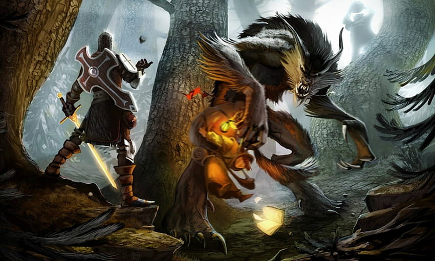 Върколак, нощ, животно, меч, рицар, дърво, Хелоуин, фантазия, светлина, игра, създание, звяр, гора HD тапет