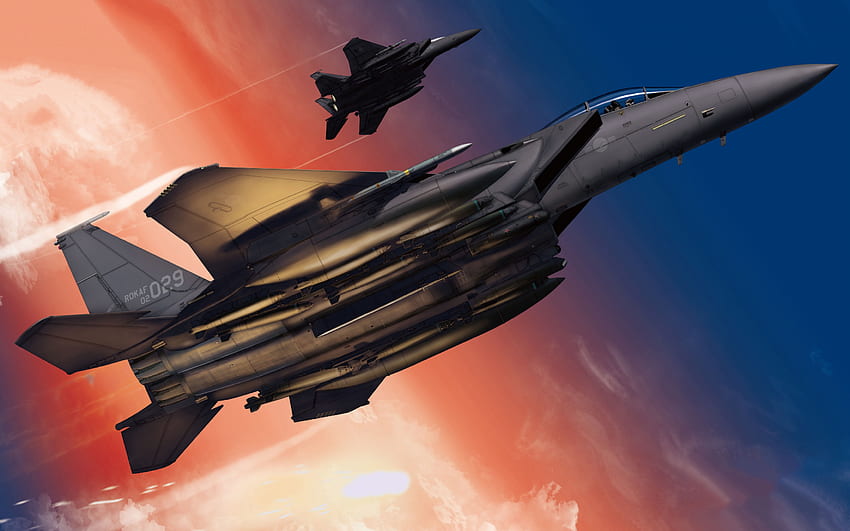 McDonnell Douglas F-15 Eagle, USAF, cielo serale, F-15 nel cielo, aerei da combattimento, aerei militari, USA Sfondo HD