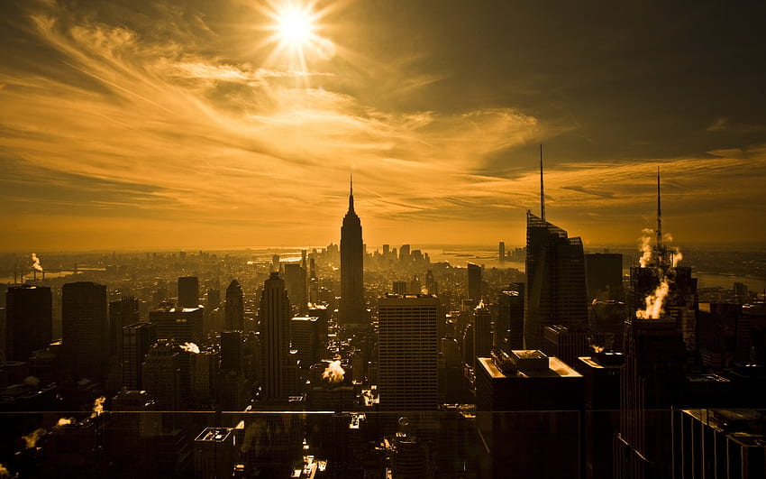 Zachód słońca nad Nowym Jorkiem, architektura, miasto, chmury, Nowy Jork, natura, nowoczesny, niebo, metropolia, zachód słońca Tapeta HD