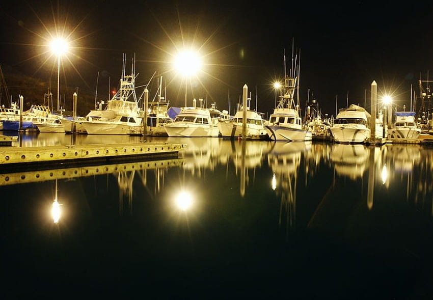 The Glass Marina, noche, barco, marina, brillante fondo de pantalla