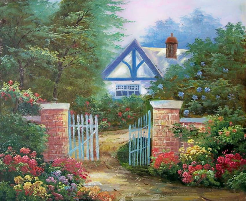 Tucked Away, gardens, english, gate, trees, cottage HD wallpaper