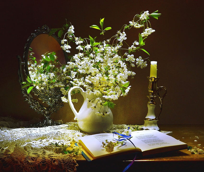 Stillleben, Vase, Blumen, Kerze HD-Hintergrundbild