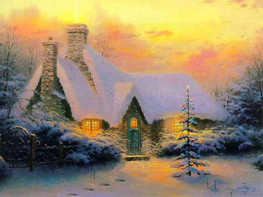 クリスマス ツリー コテージ - クリスマスの冬のシーン 高画質の壁紙
