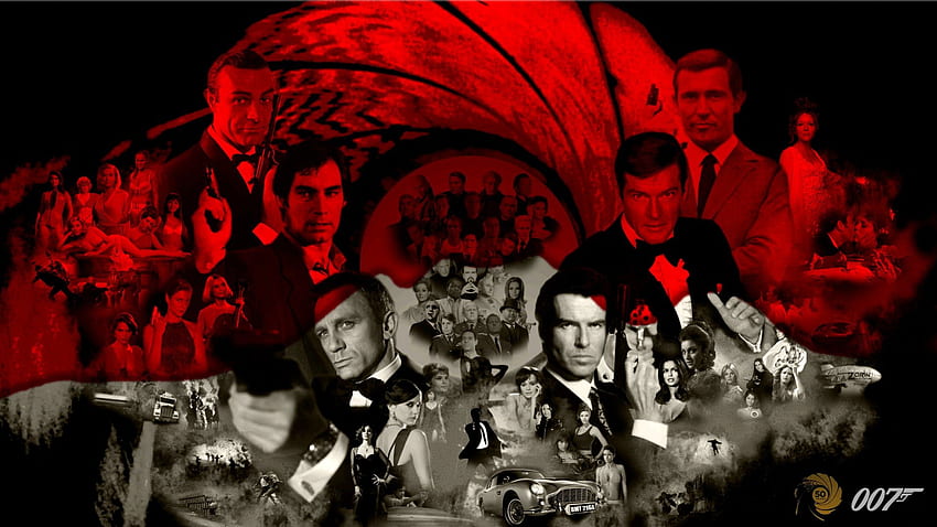 Collage du 50e anniversaire de Bond, 007, George Lazenby, James Bond, Sean Connery, collage, Pierce Brosnan, rouge, films, Timothy Dalton, Daniel Craig, Roger Moore Fond d'écran HD