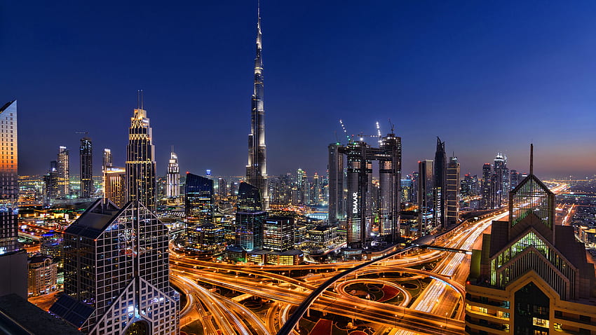 Dubai Emirates VAE Roads nächtliche Wolkenkratzer, Dubai Night Skyline HD-Hintergrundbild