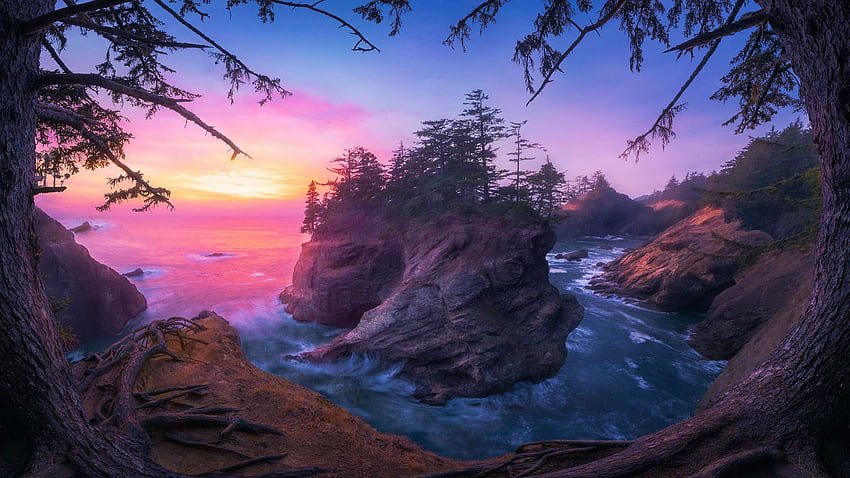 Samuel H. Boardman State Scenic Corridor, Oregon, rocce, fiume, alberi, paesaggio, colori, cielo, usa Sfondo HD