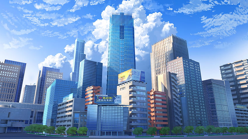 Anime Buildings Skyscraper White Clouds Blue Sky Background Anime HD wallpaper