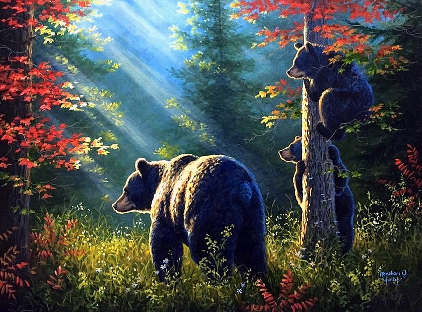 THE LOOKOUT!, atrações nos sonhos, cores, florestas, pinturas, amor quatro estações, urso, animais, outono, natureza, filhotes, outono papel de parede HD