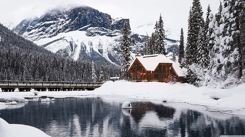 Rustic Cottage, Lake, Mountain, Winter, Snow Ultra, Winter Rural HD wallpaper