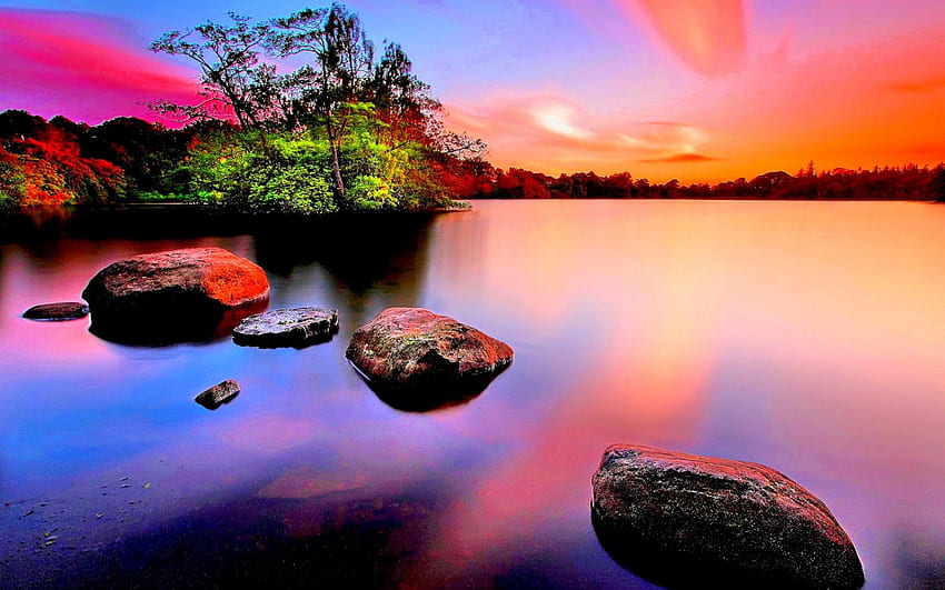SCENIC SUNSET, BEAUTIFUL, PINK COLOR, PLANTS, SUNSET, LAKE, ROCKS, CLOUDS, LANDSCAPE, EVENING, PARADISE, SKY, NATURE, SPLENDOR, GRAPHY, WATER, COLORFUL NATURE, SUNRAYS HD wallpaper