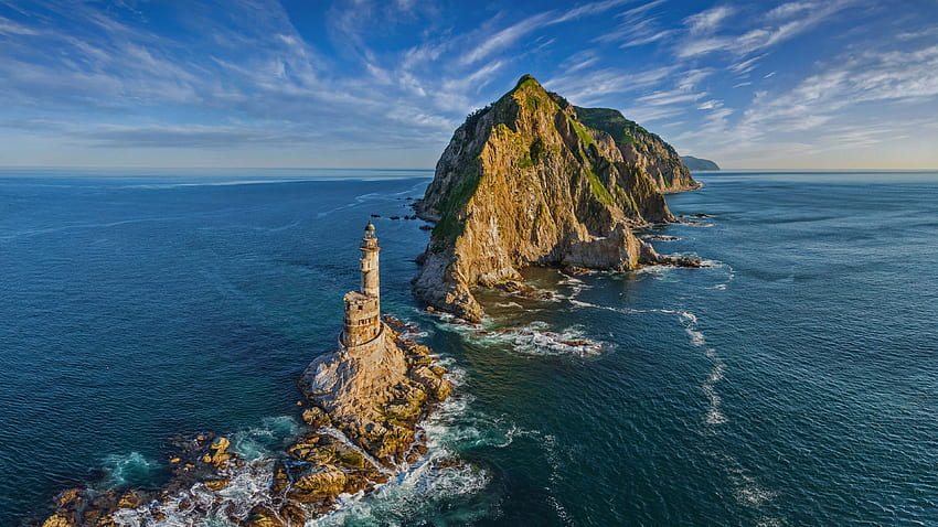 灯台、海、沿岸の島、ロ​​シア 高画質の壁紙