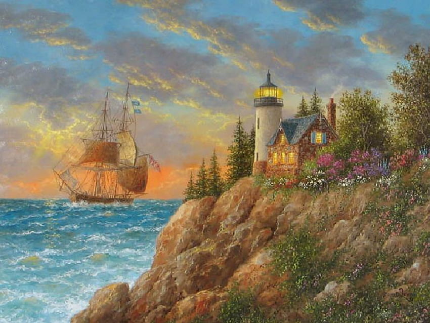 A Beacon to the Sea, tekne, deniz feneri, ışık, bulutlar, ağaçlar, uçurum, su, kayalar HD duvar kağıdı