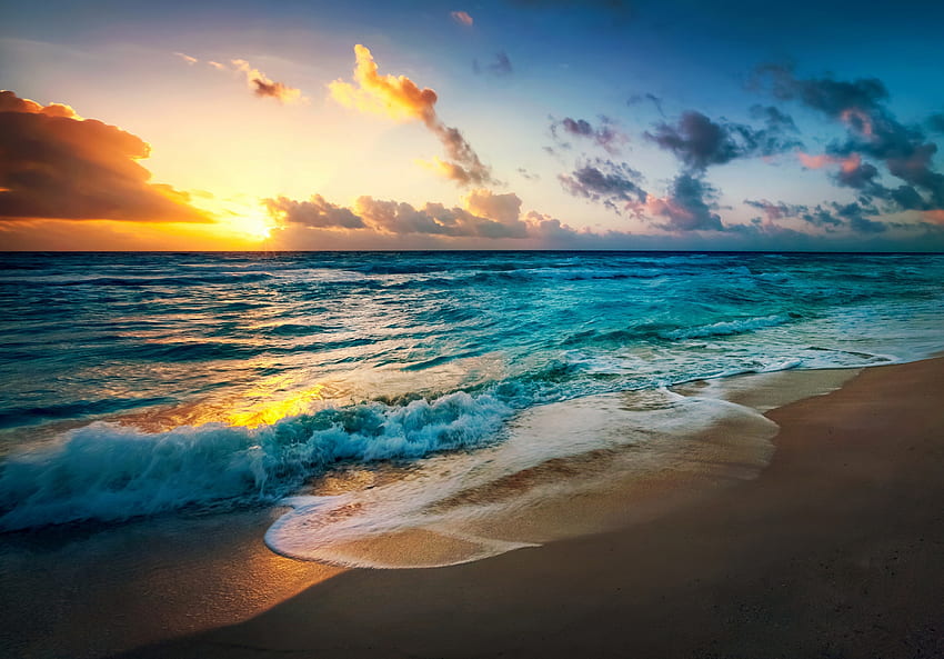 Zachód słońca na plaży, plaża, natura, zachód słońca, ocean Tapeta HD