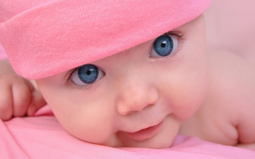 Cute Little Baby Girl, blue, person, smile, eyes, baby, girl, people, small, little, nose, pink, hat, mouth HD wallpaper