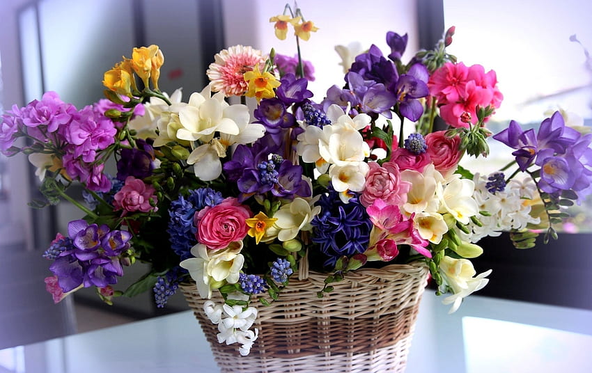 Flowers, Bright, Beautiful, Bouquet, Basket, Different HD wallpaper